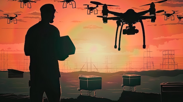 Um homem de chapéu fica na frente de um pôr do sol com um drone em primeiro plano.