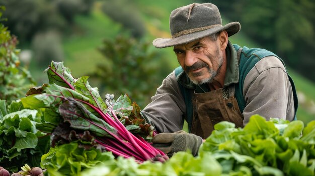 Um homem de chapéu graciosamente colhendo legumes frescos do jardim