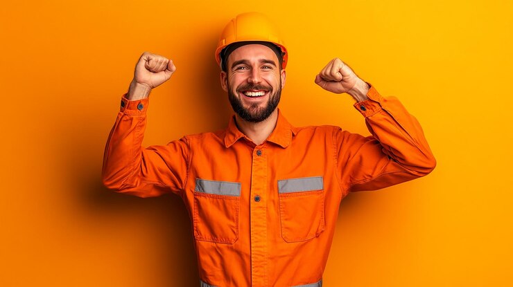 um homem de chapéu laranja está usando um capacete e sorrindo