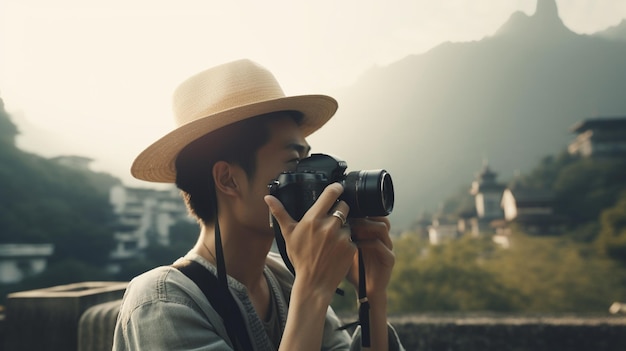 Um homem de chapéu tira uma foto com uma câmera.