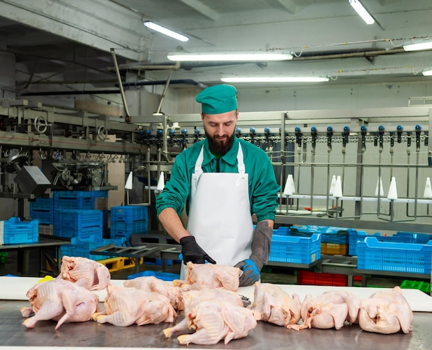 Um homem de chapéu verde está cortando frango em uma fábrica.