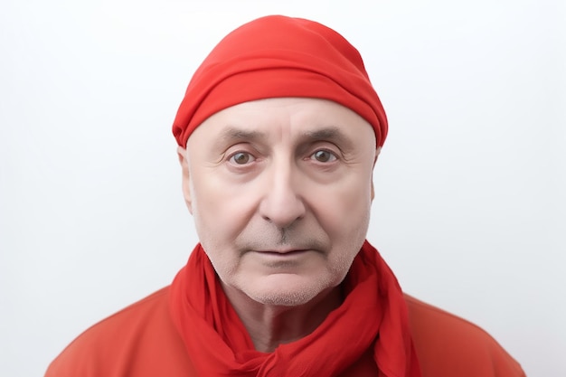 Um homem de chapéu vermelho e chapéu vermelho está olhando para a câmera
