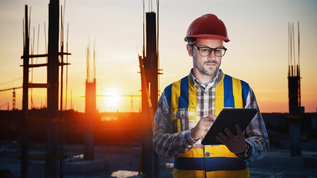 um homem de chapéu vermelho está usando um tablet na frente de um pôr-do-sol