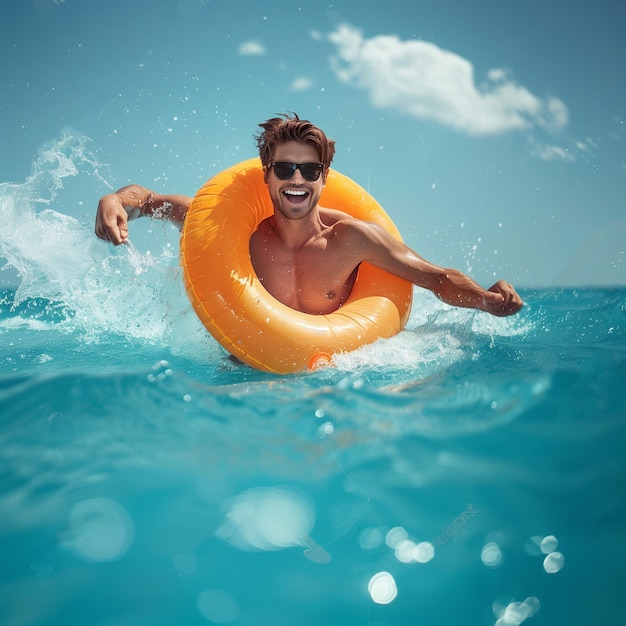 Um homem de colete salva-vidas está flutuando na água.