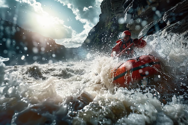 Um homem de colete salva-vidas vermelho está a navegar por um rio.