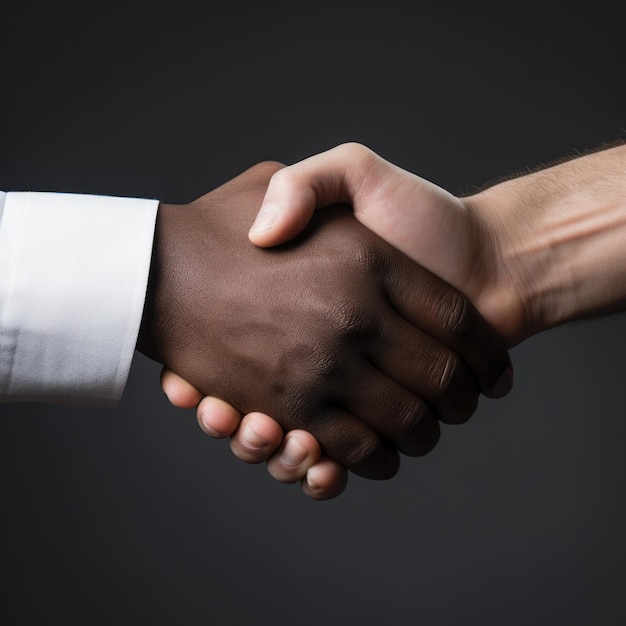 Um homem de cor apertando a mão de um homem branco em um fundo cinza em alta resolução e alta nitidez com detalhes. conceito de negócio, negócio