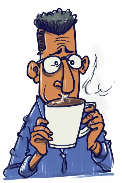 Um homem de desenho animado com óculos e uma caneca de café.