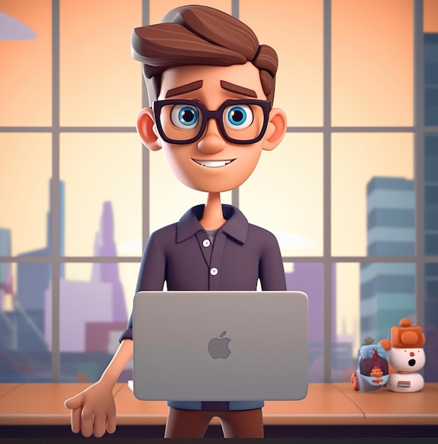 Foto um homem de desenho animado com óculos segurando um laptop e um personagem de desenho animado na tela.