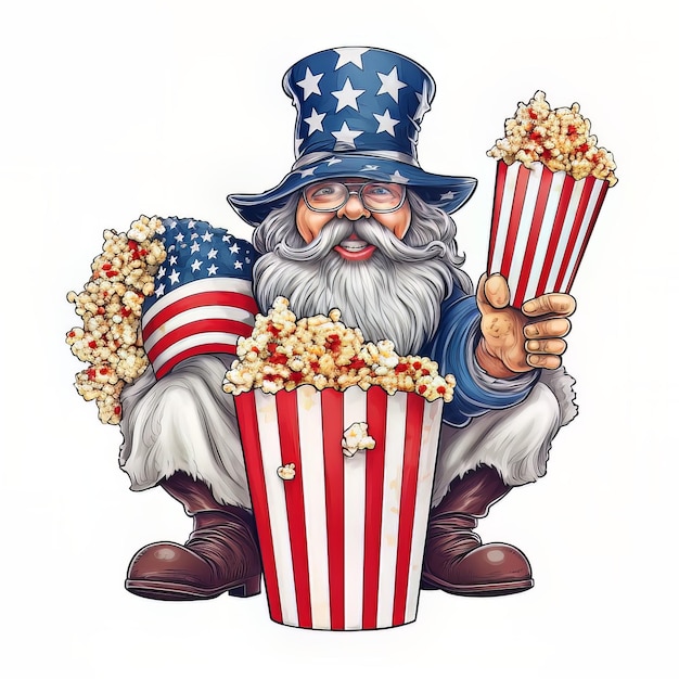 Um homem de desenho animado com um balde de pipocas e uma bandeira da América