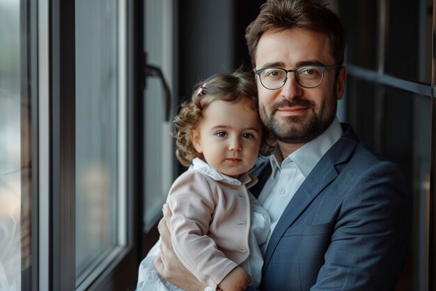 Foto um homem de elegância espetacular com a sua filha nos braços.