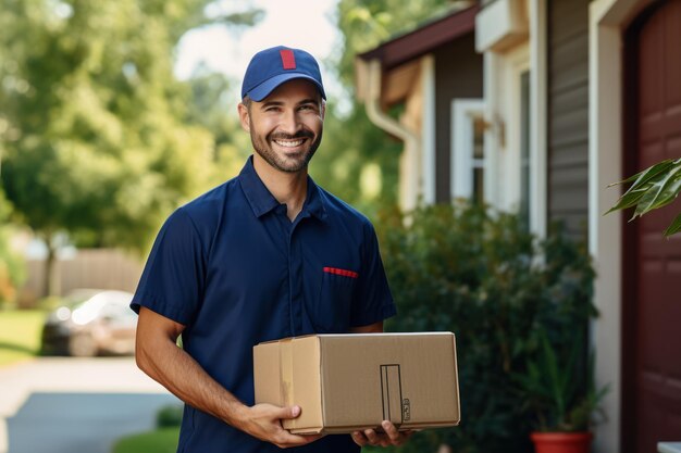 Um homem de entrega alegre em um uniforme azul segurando uma caixa de papelão de pé na frente de um cliente