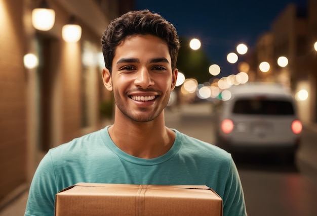 Um homem de entrega sorri durante um serviço de entrega à noite iluminado pelas luzes da rua