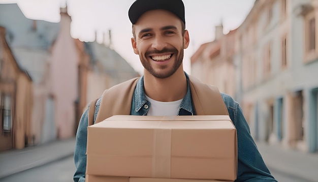 Um homem de entrega sorridente com um boné segurando caixas de papelão e olhando para a câmera