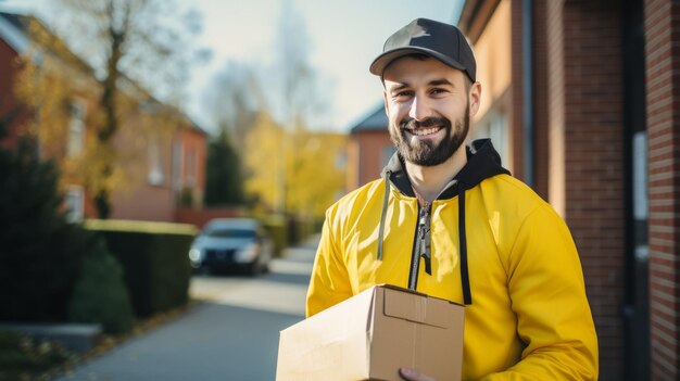 Um homem de entrega sorridente em um uniforme amarelo segura um pacote pronto para entregá-lo a uma casa de árvores e uma varanda visível ao fundo