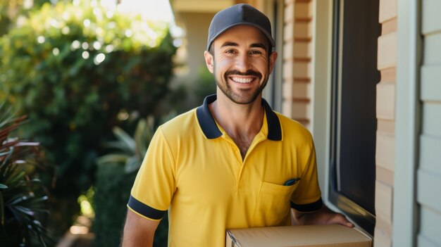 Foto um homem de entrega sorridente em um uniforme amarelo segura um pacote pronto para entregá-lo a uma casa de árvores e uma varanda visível ao fundo