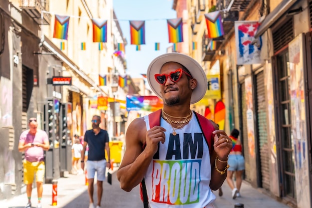 Um homem de etnia negra gay desfrutando e sorrindo para a bandeira LGBT da festa do orgulho