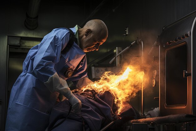 Foto um homem de fato azul trabalhando em um fogão