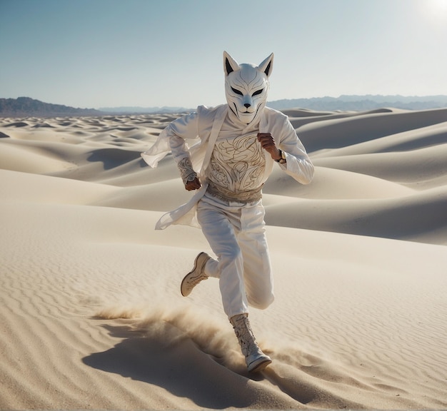 Um homem de fato branco com um lobo no peito a correr pelo deserto.