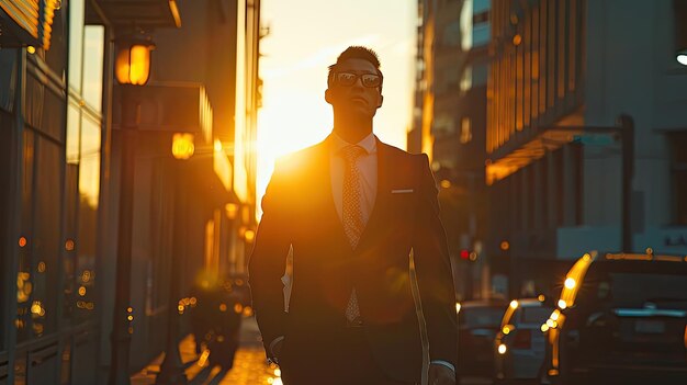 Um homem de fato caminha por uma rua ao sol.