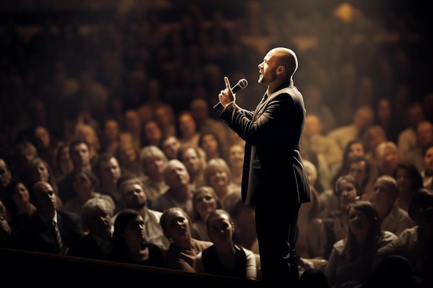 Um homem de fato canta num microfone em frente a uma multidão de pessoas.