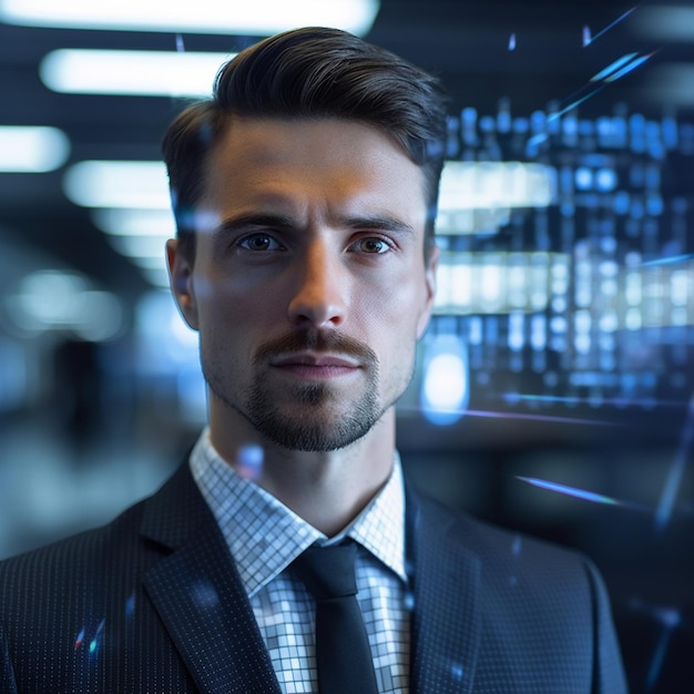 Um homem de fato com barba e bigode.