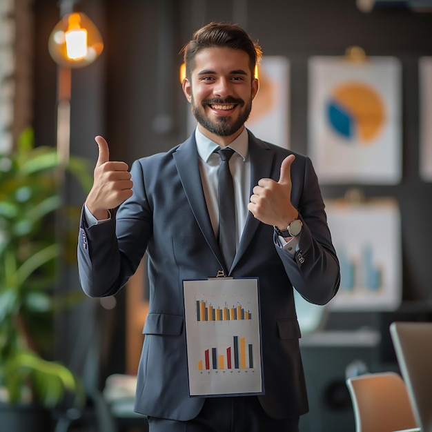 um homem de fato com um adesivo que diz gráfico nele