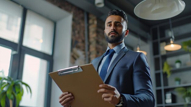 um homem de fato com um caderno nas mãos