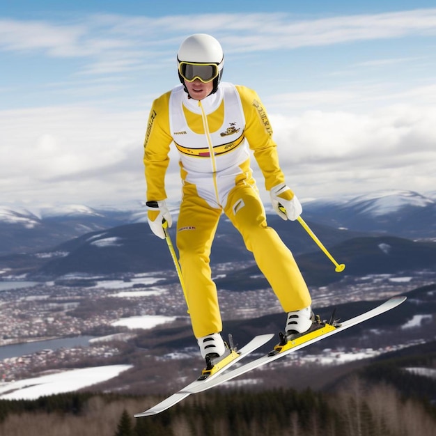 Foto um homem de fato de esqui amarelo está no ar.