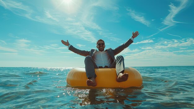 Um homem de fato de negócios com pés descalços em um círculo inflável no mar