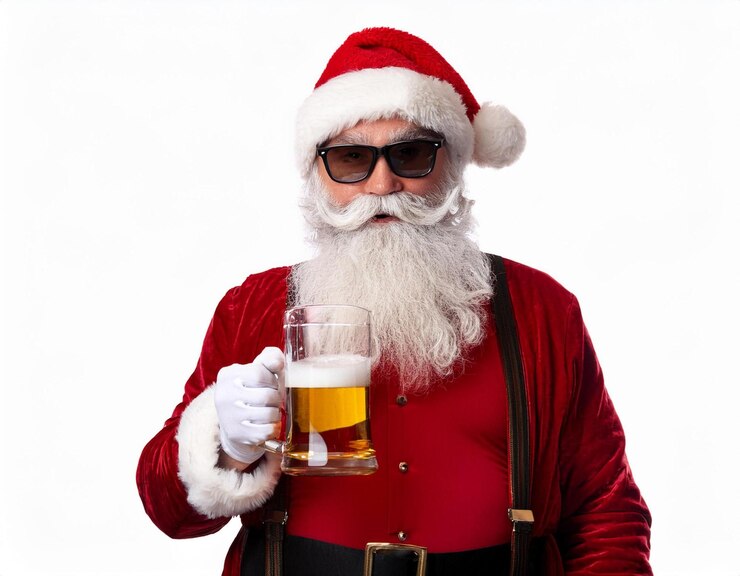 Foto um homem de fato de papai noel segurando um copo de cerveja