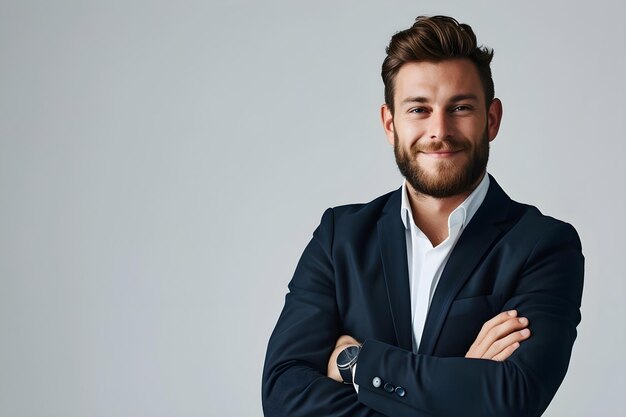 um homem de fato de pé com os braços cruzados