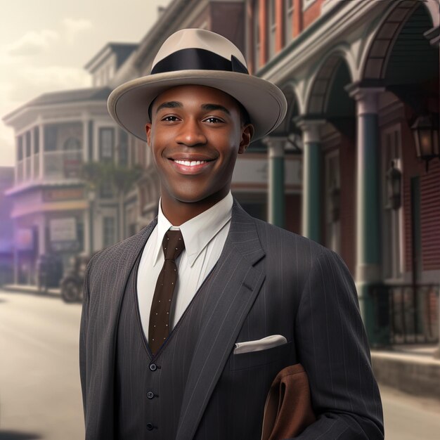 Foto um homem de fato e chapéu está de pé na frente de uma rua com casas