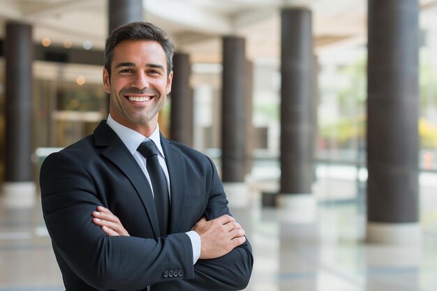 Um homem de fato e gravata de pé com os braços cruzados