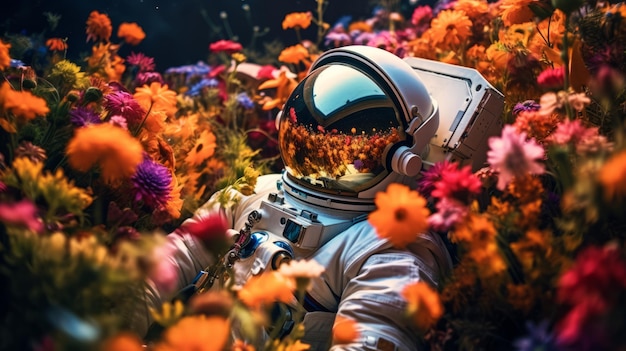 Um homem de fato espacial cercado de flores vibrantes