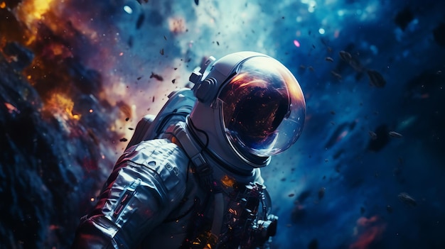 Um homem de fato espacial de pé em frente a uma explosão de fogo