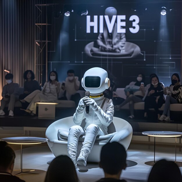 Foto um homem de fato espacial senta-se num palco com um robô nele.
