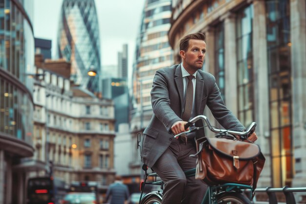 Um homem de fato está andando de bicicleta por uma rua da cidade