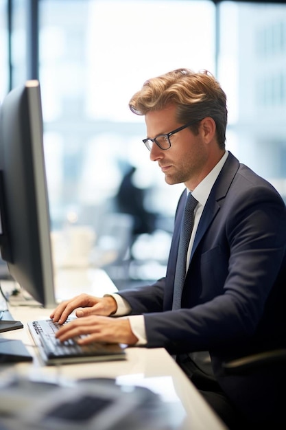 Um homem de fato está digitando em um computador.