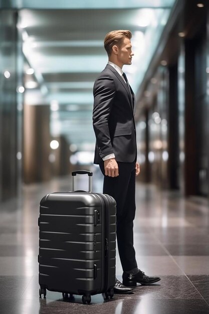 Foto um homem de fato está em um aeroporto com uma mala