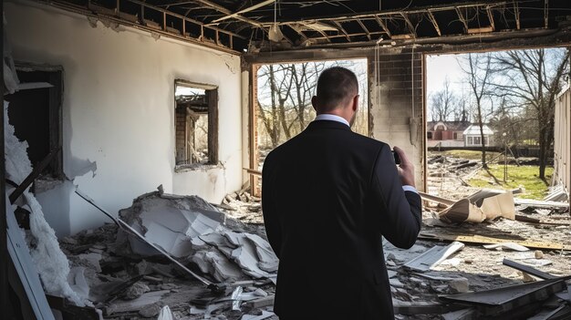 Um homem de fato está em um edifício abandonado e olha para a distância