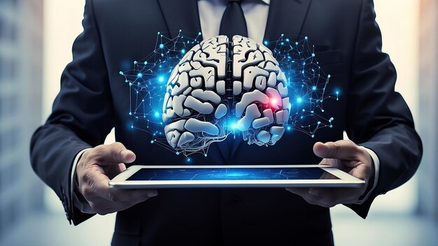 Um homem de fato está segurando um tablet com um cérebro na tela