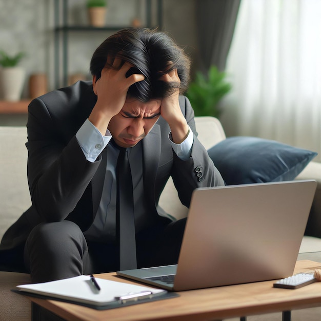 um homem de fato está sentado na frente de um laptop com um laptop na mesa