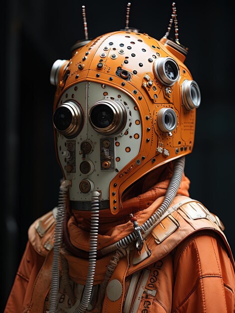 Um homem de fato laranja com uma máscara de prata
