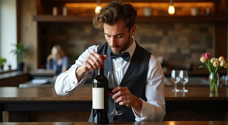 Foto um homem de fato preto segurando uma garrafa de vinho
