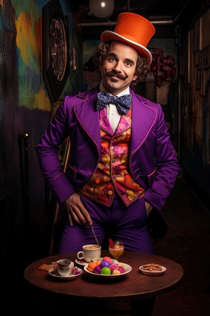 Foto um homem de fato roxo senta-se em uma mesa com uma chávena de café e um prato de comida