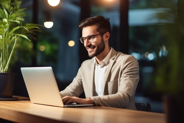 um homem de fato senta-se em uma mesa com um laptop e a palavra l nele