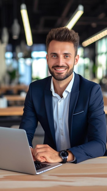 Foto um homem de fato senta-se em uma mesa com um laptop e olha para a câmera