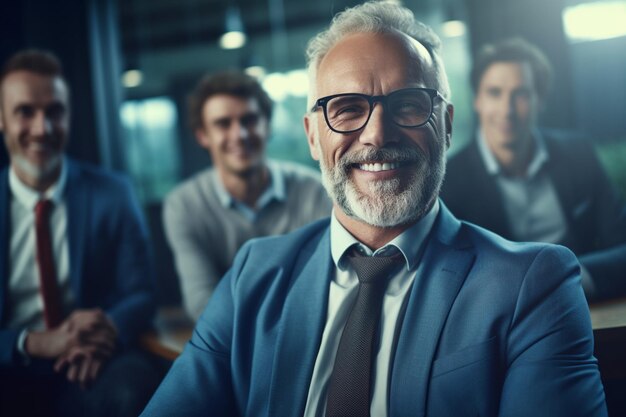 Foto um homem de fato sorri na frente de um grupo de pessoas ao fundo.