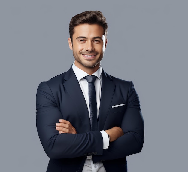 Foto um homem de fato sorrindo com os braços cruzados