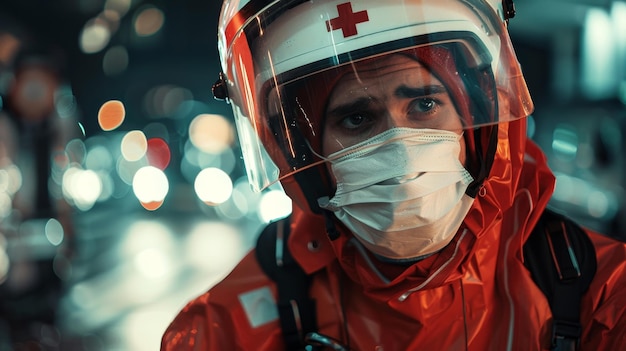 Foto um homem de fato vermelho e branco com um capacete laranja